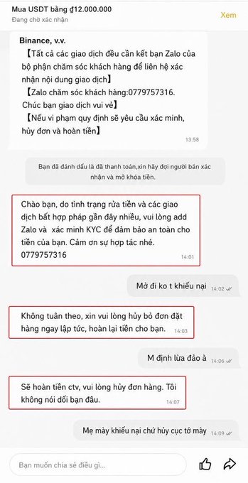 A screenshot of a chat in Vietnamese, with a transaction notice for '12.000.000 USDT', showing a conversation where a user argues for the cancellation and refund of a Zalo order.