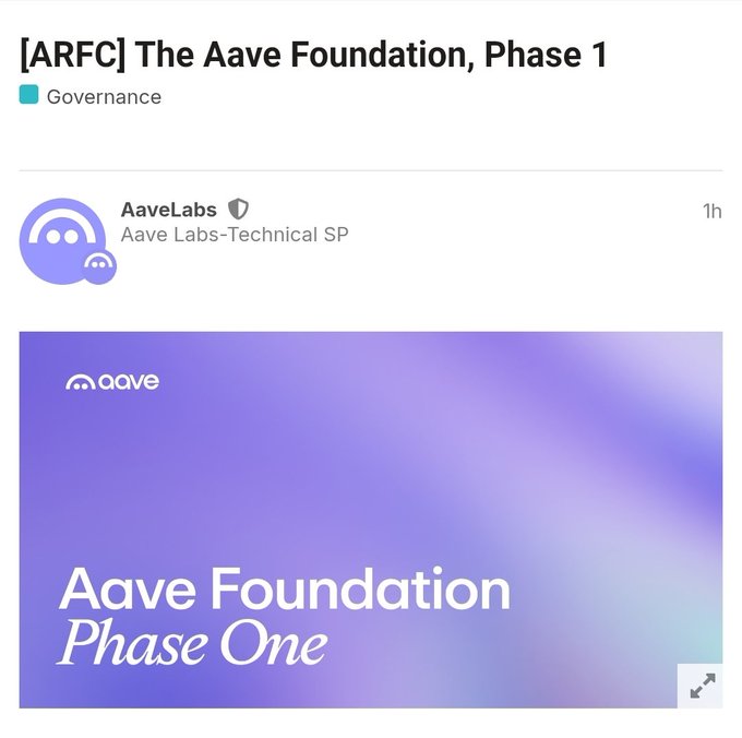 A governance post titled "[ARFC] The Aave Foundation, Phase 1" posted by AaveLabs (Aave Labs-Technical SP), featuring a purple banner reading "Aave Foundation Phase One".