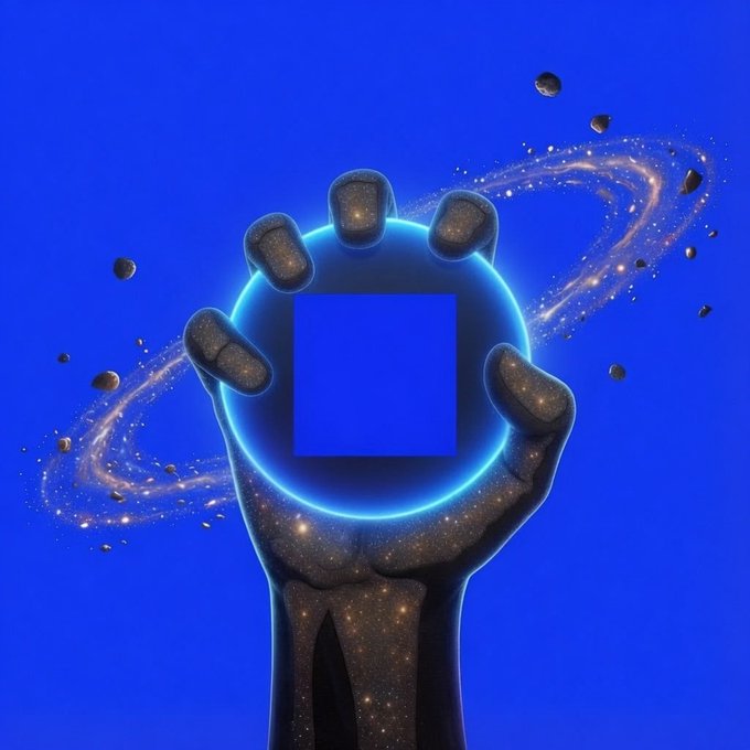A cosmic hand made of stardust and asteroids grips a glowing blue ring around a central square against a vibrant blue backdrop, with a swirling galaxy encircling it—symbolizing the expansive, universe-building momentum of the Base Web3 ecosystem capturing and channeling the next wave of onchain growth.