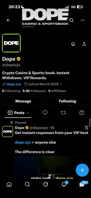 A mobile screenshot of the @dopexyz profile on X, advertising a "Crypto Casino & Sportsbook" with "9.9K Followers" and a pinned post offering "instant responses from your VIP host".