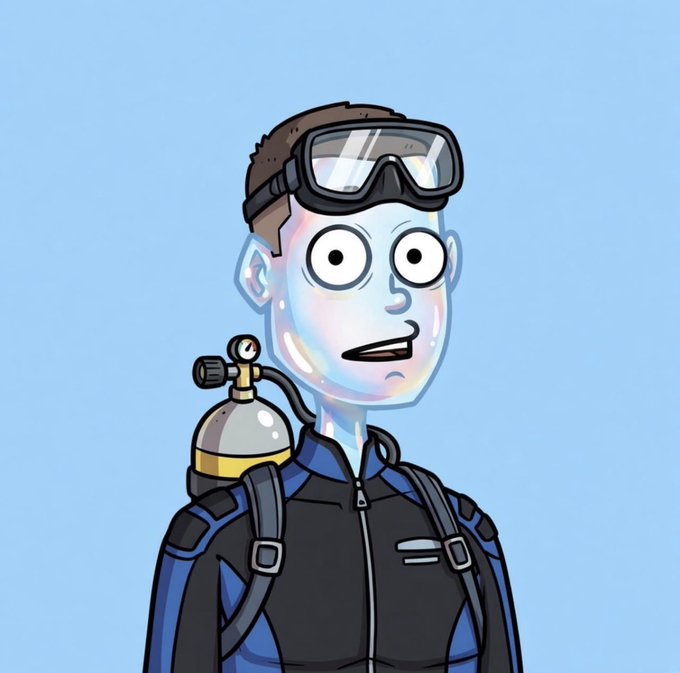 A cartoon figure with wide, staring eyes wears scuba goggles and an oxygen tank on their back, paired with a black wetsuit against a light blue background. The image's diving/surfacing metaphor complements the post's "GM 3P" message and the promised reveal of community confessions on "mint day," evoking anticipation and a sense of resurfacing secrets.