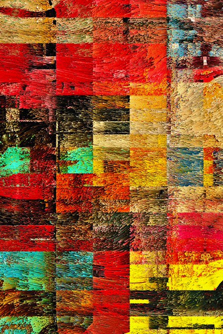 The image features a colorful abstract painting with various shades of red, yellow, green, blue, and black. The artwork has an irregular shape that resembles a mosaic or a collage, composed of small squares and rectangles filled with different colors. The painting is displayed on a canvas, which is placed against a gray background. The image also includes text that reads "Last 2 editions 3.77 tz".