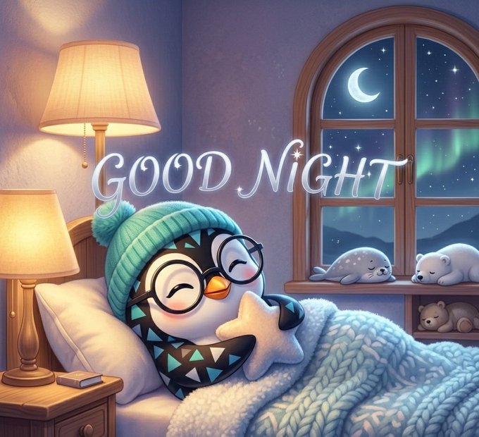 Whimsical illustration of a sleeping penguin wearing a teal knit cap and round glasses, tucked under a knit blanket with a star plushie, set against a window showing aurora and sleeping seal friends.