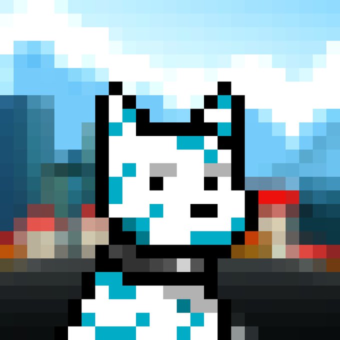 A pixel-art image features a white dog-like character with blue ears and chest markings standing in front of a stylized cityscape backdrop, embodying the determined, forward-moving spirit conveyed in the motivational Wednesday message about persistence and progress.