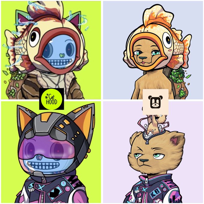 The image is a side-by-side comparison showing four NFT-style character illustrations in two pairs: on the left are two characters (one with a fish-head hoodie and another in a purple visor/helmet) credited to "Cat HOOD," while on the right are two characters (an orange cat in a similar fish-head hoodie and a tabby cat in an identical purple visor outfit), highlighting that the right-side designs appear to copy the traits and styles of the left-side original artwork. The accompanying post accuses the @CatHoodxyz project of stealing IP rights and copying their art for profit, urging people not to mint and warning of potential legal action.