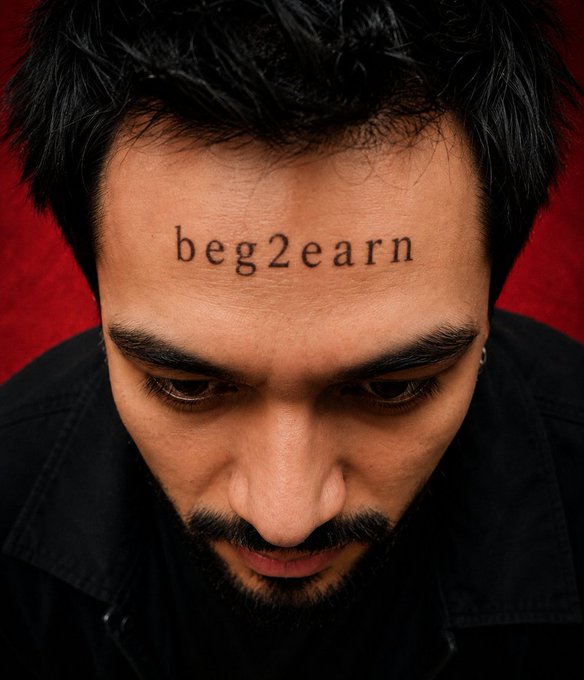A man with a bowed head stares downward against a red background, with "beg2earn" tattooed across his forehead—visually embodying the "Beg2Earn" crypto culture described in the post, where users publicly solicit airdrops, payouts, and brand deals from figures like Ansem, Worldcoin, Elon, and OKX.