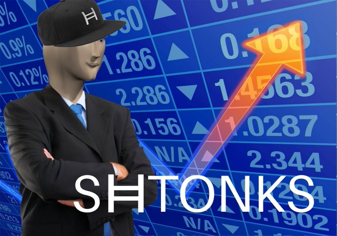 A graphic showing a person in a black suit and cap with their face obscured, standing before a blue stock market board with an upward-pointing orange arrow and the text 'SH TONKS'.