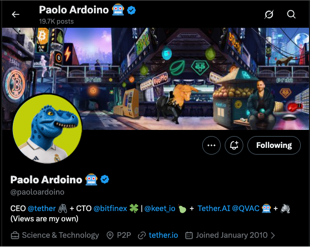 A Twitter/X profile page for Paolo Ardoino (@paoloardoino) showing 19.7K posts, identifying him as CEO of Tether and CTO of Bitfinex, with a cyberpunk-themed banner and a blue T-Rex avatar. The "WEN @paoloardoino?" post humorously references the common crypto slang "WEN" (when), using the meme as a playful prompt to engage the prominent stablecoin executive.