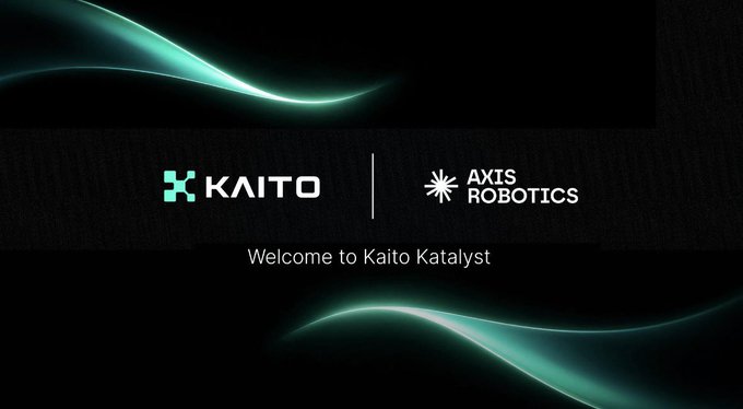 The image displays a banner for "Kaito Katalyst" featuring the KAITO and Axis Robotics logos side by side, separated by a vertical line, against a black background accented with flowing teal light waves—visually announcing the Axis Robotics creator campaign running on the Kaito platform.
