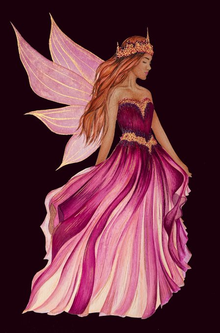 A watercolor-style painting of a red-haired fairy with translucent pink and gold wings, wearing a flowing magenta and white gown against a black background.