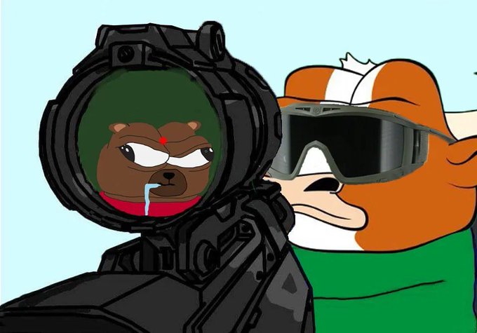 An illustrated scene features a character wearing VR goggles looking through a sniper scope that displays a cartoon brown dog with drool, while another dog face peeks from behind wearing green clothing.