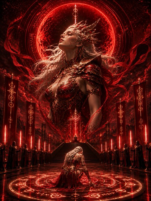 A dark fantasy digital artwork depicting a queen-like figure with an ornate spiked crown and flowing white hair emerging from a blood-red moon, with robed figures below and a kneeling woman within a magical circle.