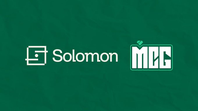 The image features a dark green background displaying two white logos side by side: "Solomon" with a framed geometric icon on the left, and "MCG" in a stylized blocky font with a checkmark accent on the right, visually representing the partnership between Solomon Labs and MCG to activate treasury stablecoins.