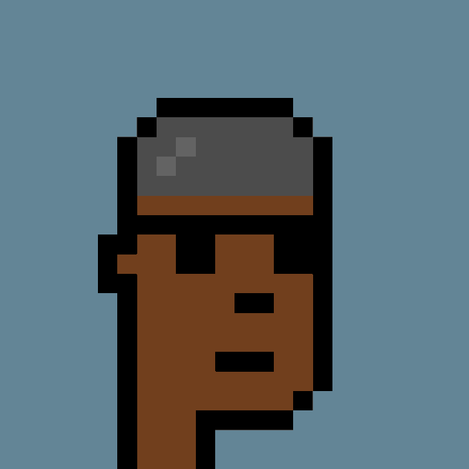 A minimalist pixel art character with a black head, blue face, and brown body stands against a solid blue background.