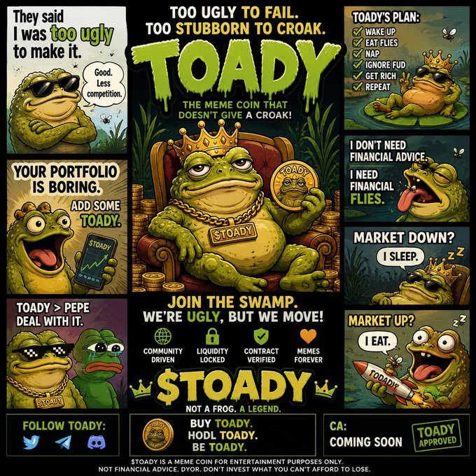 A promotional meme poster for the 'TOADY' cryptocurrency, featuring cartoon frogs with slogans like 'TOO UGLY TO FAIL. TOO STUBBORN TO CROAK' and 'YOUR PORTFOLIO IS BORING. ADD SOME TOADY', along with contract details 'BUY TOADY. HODL TOADY. BE TOADY.'