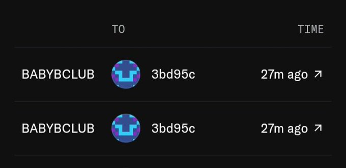 A dark-themed transaction or activity log showing two entries from 'BABYBCLUB' (address 3bd95c) both timestamped '27m ago' under TO and TIME columns.