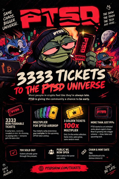 A promotional poster for 'PTSD' NFTs, advertising '3333 TICKETS TO THE PTSD UNIVERSE' with cartoon graphics, mint date TBA, and the website ptsdshow.com/tickets.