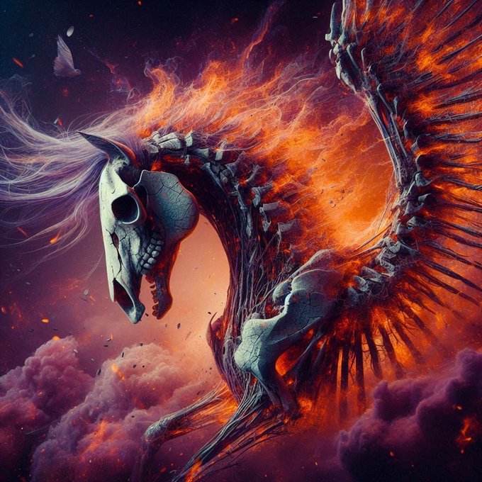 A dramatic digital fantasy artwork shows a skeletal horse-like creature with large wings, surrounded by intense orange flames and purple smoke against a cosmic, starry background.