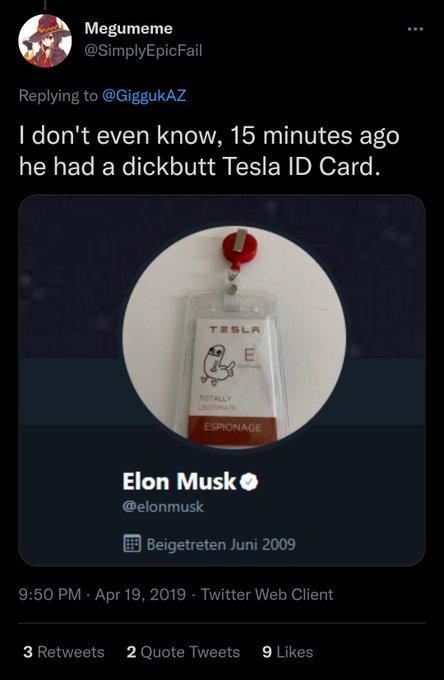 A tweet from 'Megumeme' (@SimplyEpicFail) replying to @GiggukAZ, showing a humorous Tesla ID badge for 'Elon Musk' that appears to be a 'dickbutt' design, dated April 19, 2019.