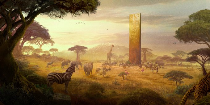 A digital painting of an African savanna at sunset featuring zebras, giraffes, elephants, a cheetah, baobab and acacia trees, with a glowing golden monolith in the center.