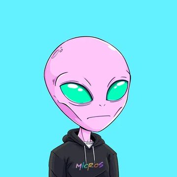 A cartoon illustration of a pink-skinned alien with large green eyes wearing a black hoodie labeled 'MICRO' against a teal background.