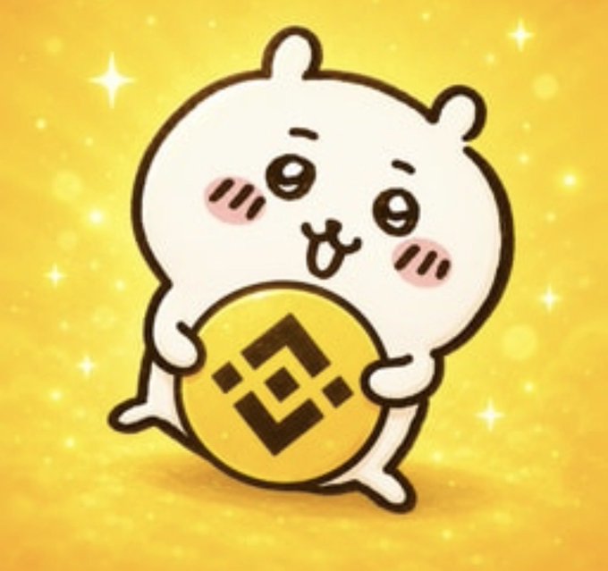 A cute cartoon character with a round face, blushing cheeks, and a small smile holds a golden Binance (BNB) coin against a sparkling yellow background.
