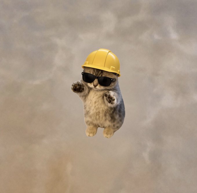 A digitally edited image of a small spotted cat wearing a yellow hard hat and black sunglasses, posed in mid-air against a cloudy sky.