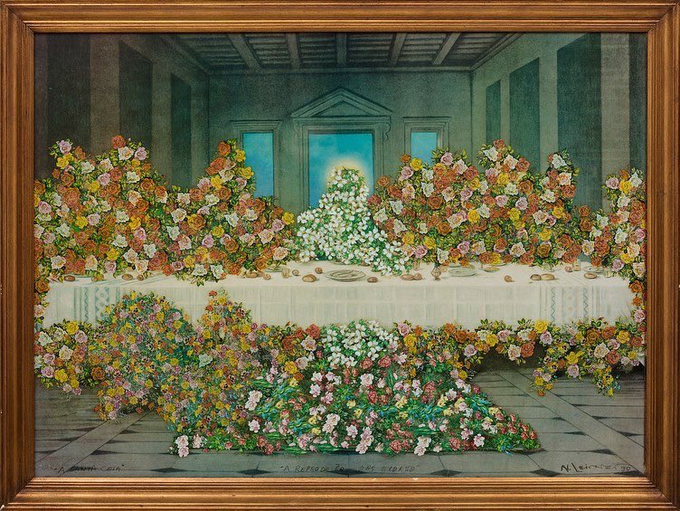 A framed painting depicting a room with classical architecture, where a long table and the surrounding floor are overflowing with massive arrangements of colorful roses.