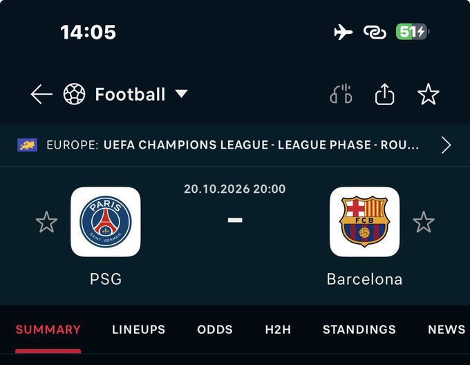 A sports betting matchup screen shows PSG vs Barcelona in the UEFA Champions League, scheduled for 20.10.2026 at 20:00. The accompanying post promotes a giveaway: “$2000 to 5 people who predicts correct score,” ending in 8 hours.