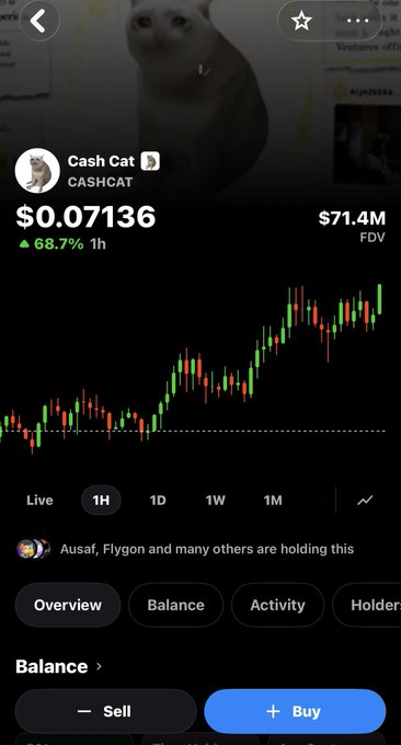 A mobile crypto app screen showing 'Cash Cat (CASHCAT)' token at $0.07136 with a 68.7% gain, featuring a candlestick chart and Sell/Buy buttons at the bottom.