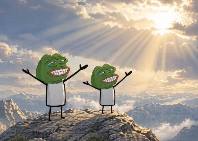 Two Pepe the Frog meme characters standing on a mountain peak with arms raised joyfully toward a sunlit cloudy sky.