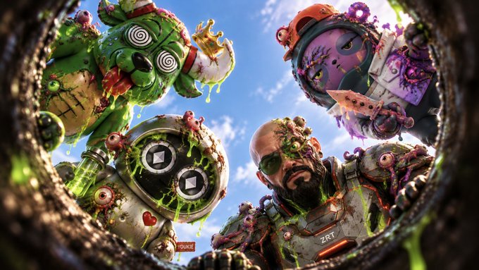 A colorful, grotesque digital illustration showing zombie-like characters, a green creature with spiral eyes, and a skull-faced figure looking up from a circular opening against a blue sky.