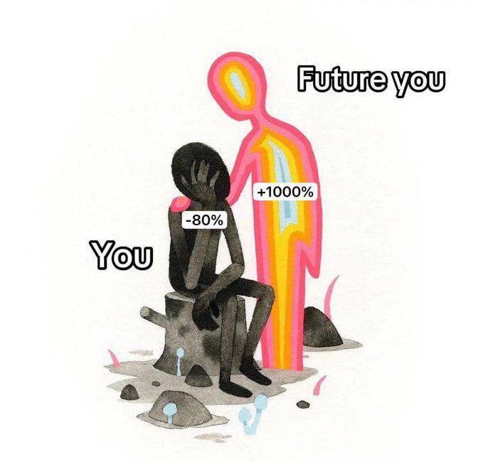 The image features a black figure sitting on a rock with a person standing behind them, each holding their arm. The figures appear as silhouettes against an orange backdrop that also includes text. A caption below the figures reads "FUTURE YOU".