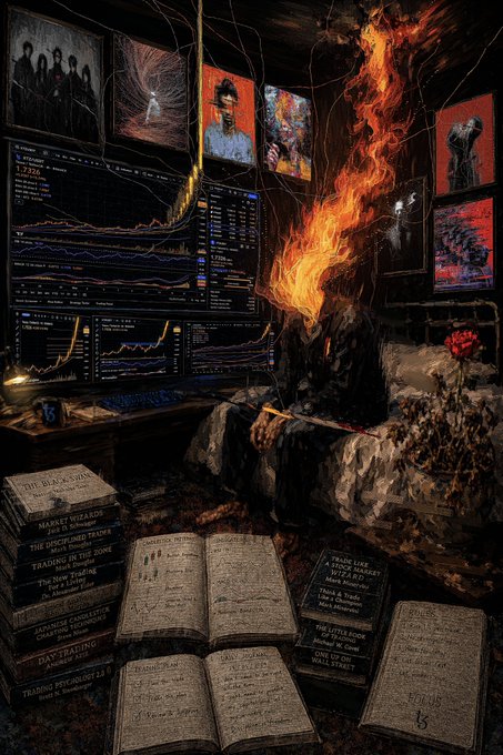 A fiery, faceless figure sits in a dark trading den surrounded by glowing charts of XTZ/BTC trading pairs, scattered notebooks filled with handwritten strategies, and album covers from "The Black Aim," all reflecting the "Cost Of Discipline" theme of a disciplined crypto trader's solitary, burning pursuit of market mastery.