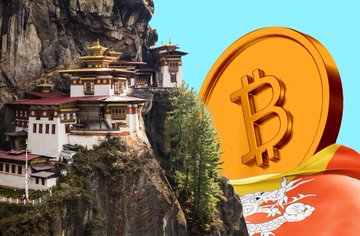 An image featuring a golden Bitcoin coin overlaid on a Bhutanese monastery and its national flag.
