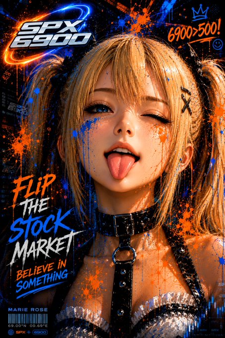 A magazine-style cover for "SPX 6900" features an anime-style character with her tongue out, with text including "Flip THE STOCK MARKET" and "BELIEVE IN SOMETHING" and "MARIE ROSE".