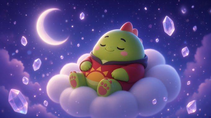 A cute digital illustration of a green dinosaur character sleeping peacefully on a fluffy cloud at night, surrounded by floating purple crystals under a crescent moon.