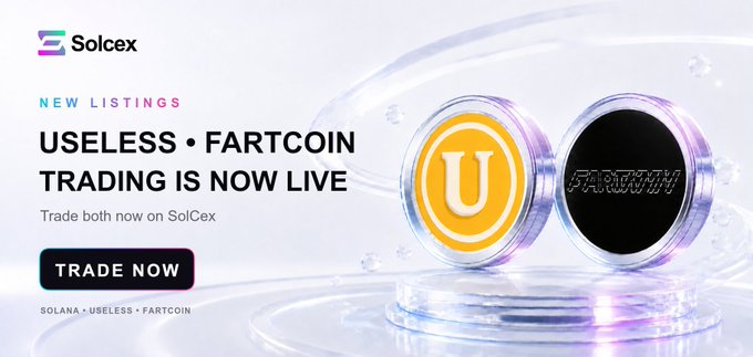 SolCex promotional banner announcing new listings for the Solana meme coins $USELESS and $Fartcoin, featuring their logos on a futuristic display and a "TRADE NOW" call-to-action button.