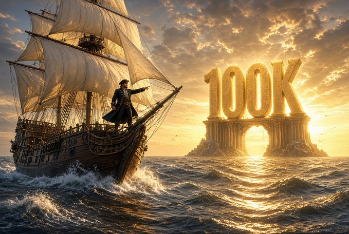 A dramatic cinematic scene of a pirate ship sailing on rough seas at sunset, with a giant golden "100K" monument visible on a distant island.