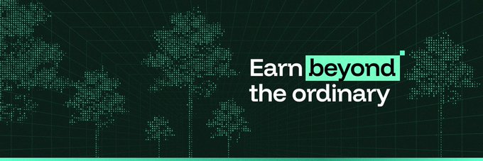 The image is a large banner spanning across several rows of text. The background features a green tree-like pattern rendered using blocks or trees, adding an artistic touch to the design. The words "Emp" and "Beyond" are prominently displayed at the top and center of the banner in white and light blue, respectively. Below these words is an explanation about the nature of DeFi trading: how the market has been shaking up and $BTC down, with a focus on ETH being lower than 24h ago, and an emphasis on "Emp" and "Beyond".