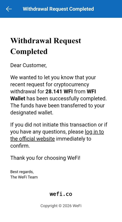 A mobile screenshot of a 'Withdrawal Request Completed' notification from WeFi confirming a successful cryptocurrency withdrawal of 28.141 WFI from WFI Wallet to the user's designated wallet.