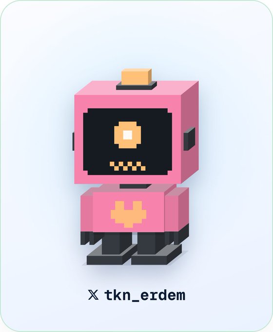 A pastel card shows a pink pixel-art robot with a single eye and a yellow plus sign on its body, labeled “X tkn_erdem” along the bottom.