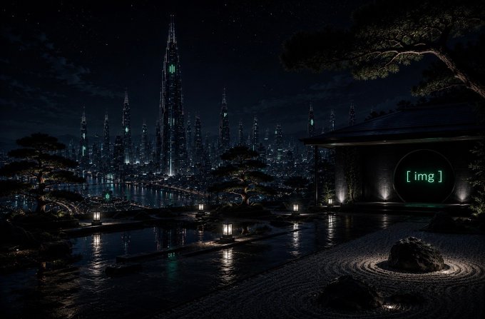 A nighttime cityscape featuring futuristic skyscrapers with glowing green accents, viewed from a traditional Japanese garden with a stone lantern and reflective water.