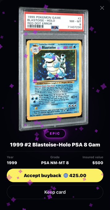 A digital trading card marketplace interface displaying a graded '1999 POKEMON GAME BLASTOISE - HOLO' card with a PSA rating of 'NM-MT 8', an insured value of $500, and an 'Accept buyback' button for 425.00.