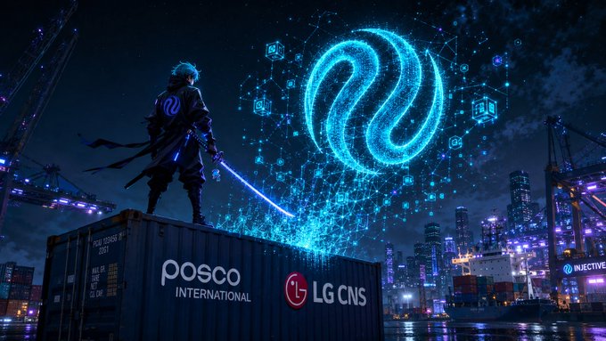 A digital artwork of a sword-wielding figure standing on a shipping container labeled 'POSCO INTERNATIONAL' and 'LG CNS', facing a glowing blue Injective logo in a futuristic harbor setting.