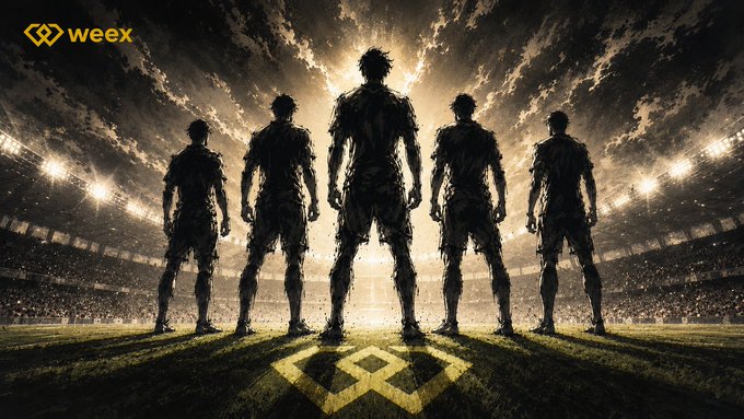 A dramatic stadium scene shows five silhouetted footballers standing heroically on the pitch, backlit by stadium lights and a golden "W" logo on the grass, with the "weex" logo visible in the top-left corner—evoking the competitive, larger-than-life spirit of WEEX Cup's $1,000,000 challenge to "spot the next legend."