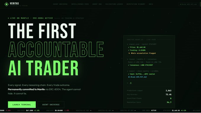 The image features a screenshot of a website displaying an advertisement for an AI trader. The website's title reads "The First Accountable AI Trader" and provides details about how the AI trader operates. It states that every signal → AI consensus → reasoning hash sealed to Mantle via ERC-8004 → before execution, with most AI trading agents operating on trust built on proof. This information seems relevant to a post discussing AI trading strategies or the use of AI technology in financial markets.
