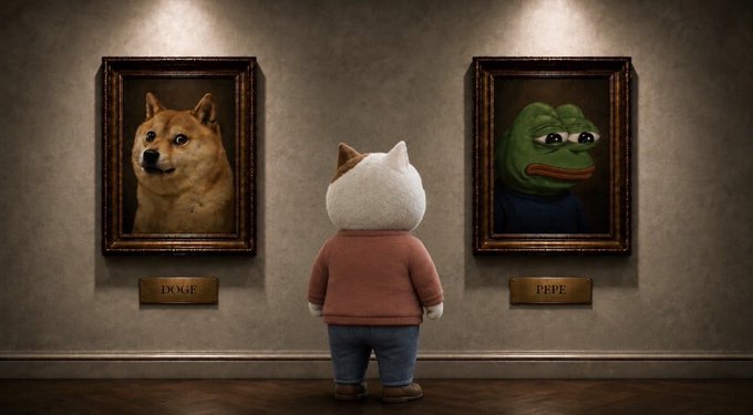 A 3D-rendered scene of a cat-like character in a pink sweater standing in a museum gallery, looking at two framed portraits labeled 'DOGE' (a Shiba Inu) and 'PEPE' (a green frog).