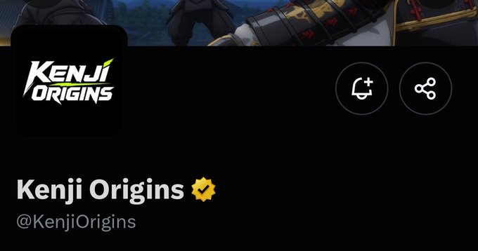 A social media profile header for 'Kenji Origins' (@KenjiOrigins) with a verified badge, the game's logo, and notification icons.