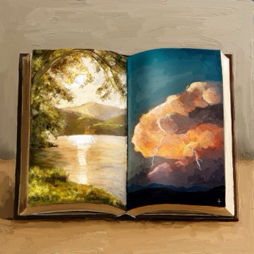 An open book displayed against a textured beige background, featuring a two-page illustration: the left page shows a serene forest landscape with a lake and sunlight, while the right page depicts a dramatic scene of a fiery volcanic eruption amidst dark clouds.